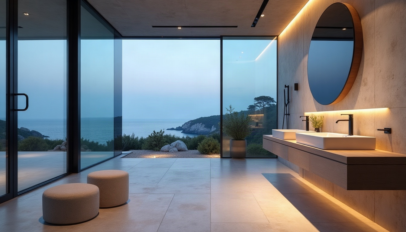 A minimal stone bathroom glowing with warm light behind floor-to-ceiling glass at dusk.