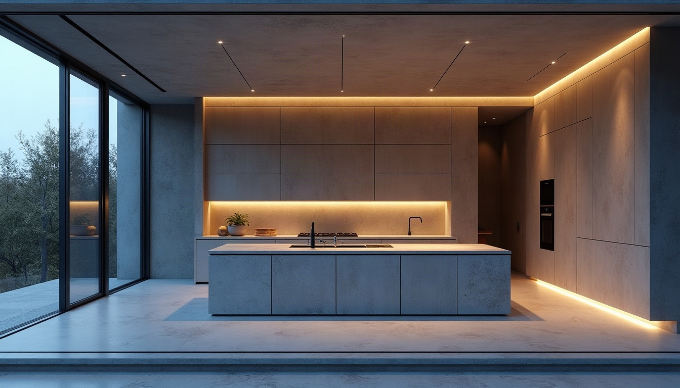 A modern kitchen with a stone island lit warmly behind a full-height window wall at dusk.