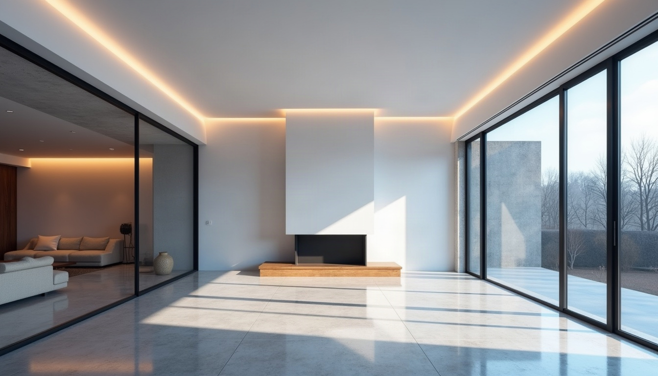 A calm modern living room at dusk with a smooth white ceiling and walls lit from the side through tall glass.