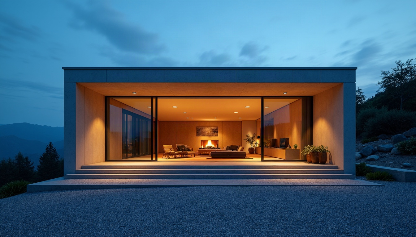 A low modern mountain house at dusk with a deep recessed entry glowing amber beside a gravel arrival court.