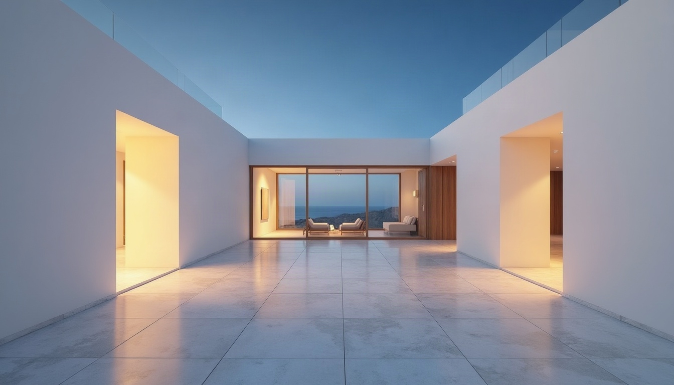 A calm interior with smooth matte white walls and flush trim lit warmly behind floor-to-ceiling glass at dusk.