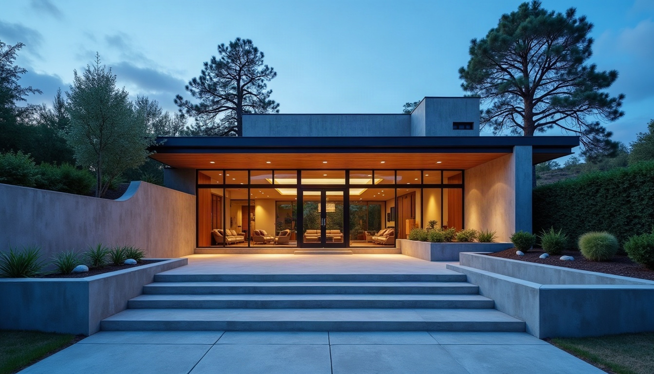 A terraced concrete entry court with a board-formed retaining wall leading to a glowing front door at dusk.